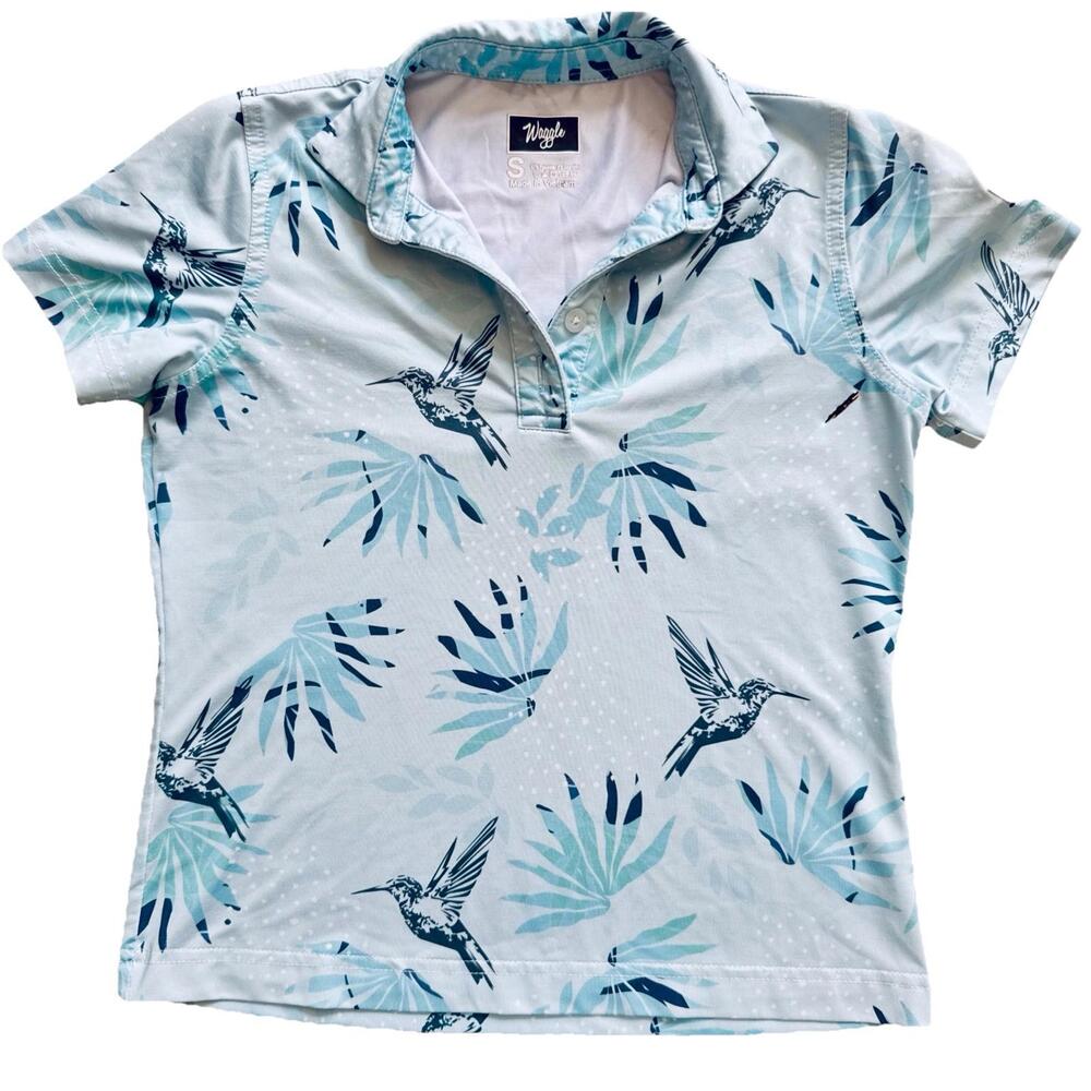 Waggle Polo‎ Shirt Girls Small Nectar Hummingbird Print Performance Golf Blue